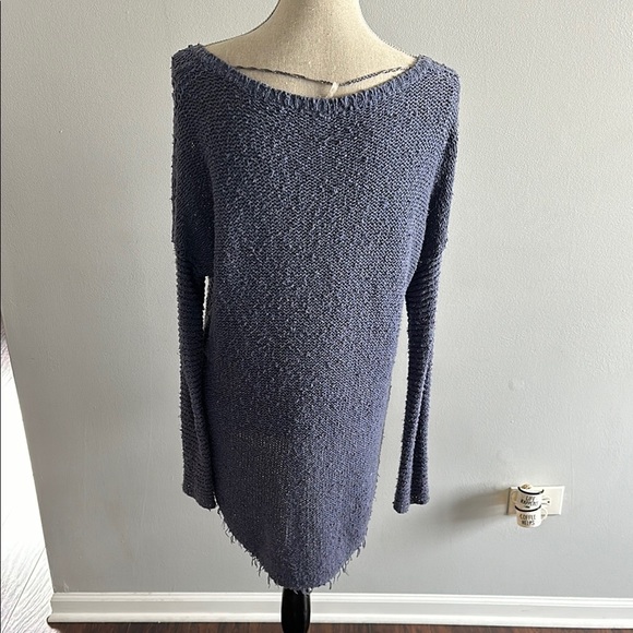 Free People V-Neck Blue Sweater with Cable Knit - Picture 2 of 3
